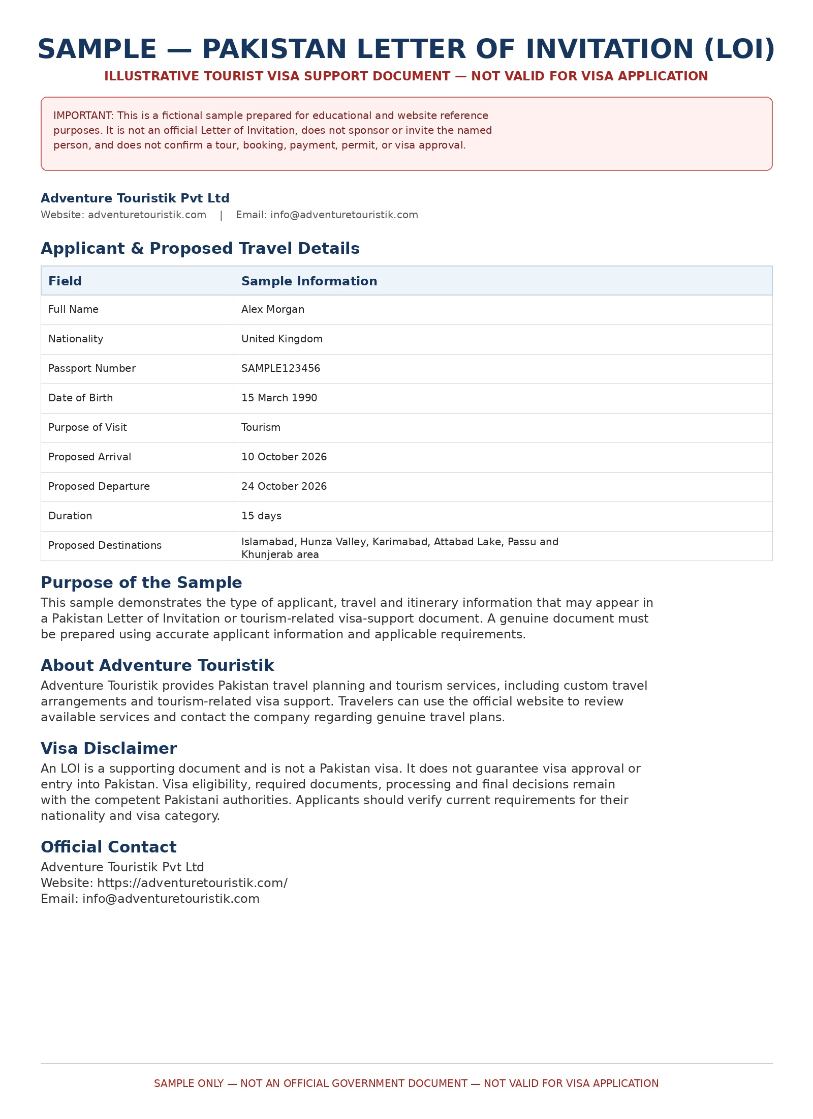 Sample Pakistan Letter of Invitation LOI for tourist visa
