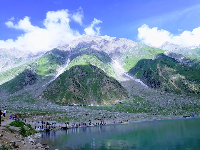 Saif-ul-Malook Lake near Naran in Kaghan Valley with turquoise water and surrounding mountains